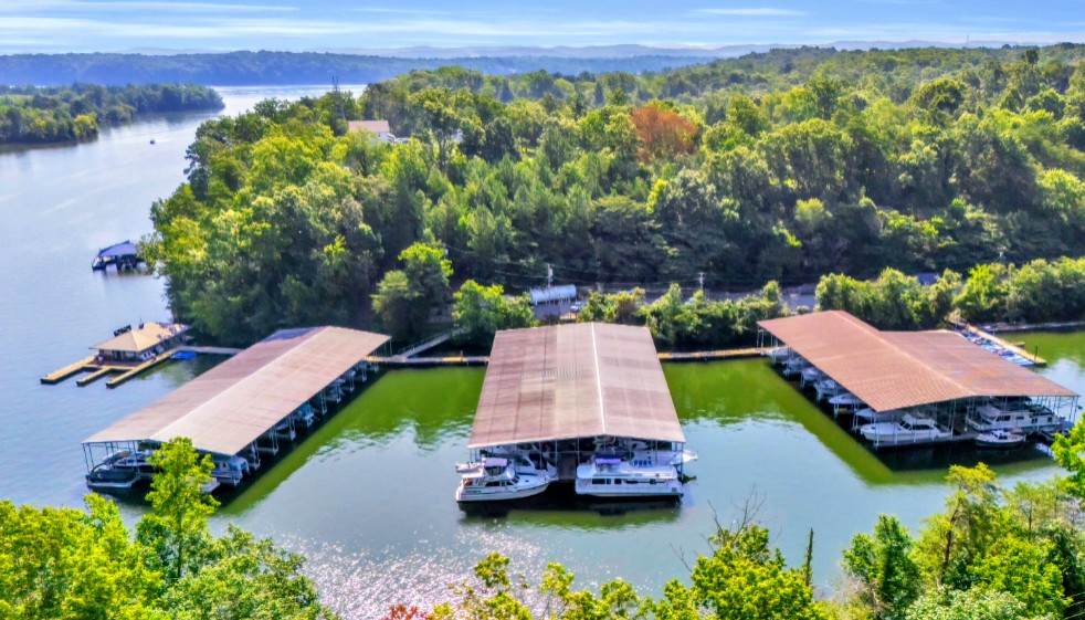 Aerial view of Shady Grove Harbor Marina and the surrounding shoreline.