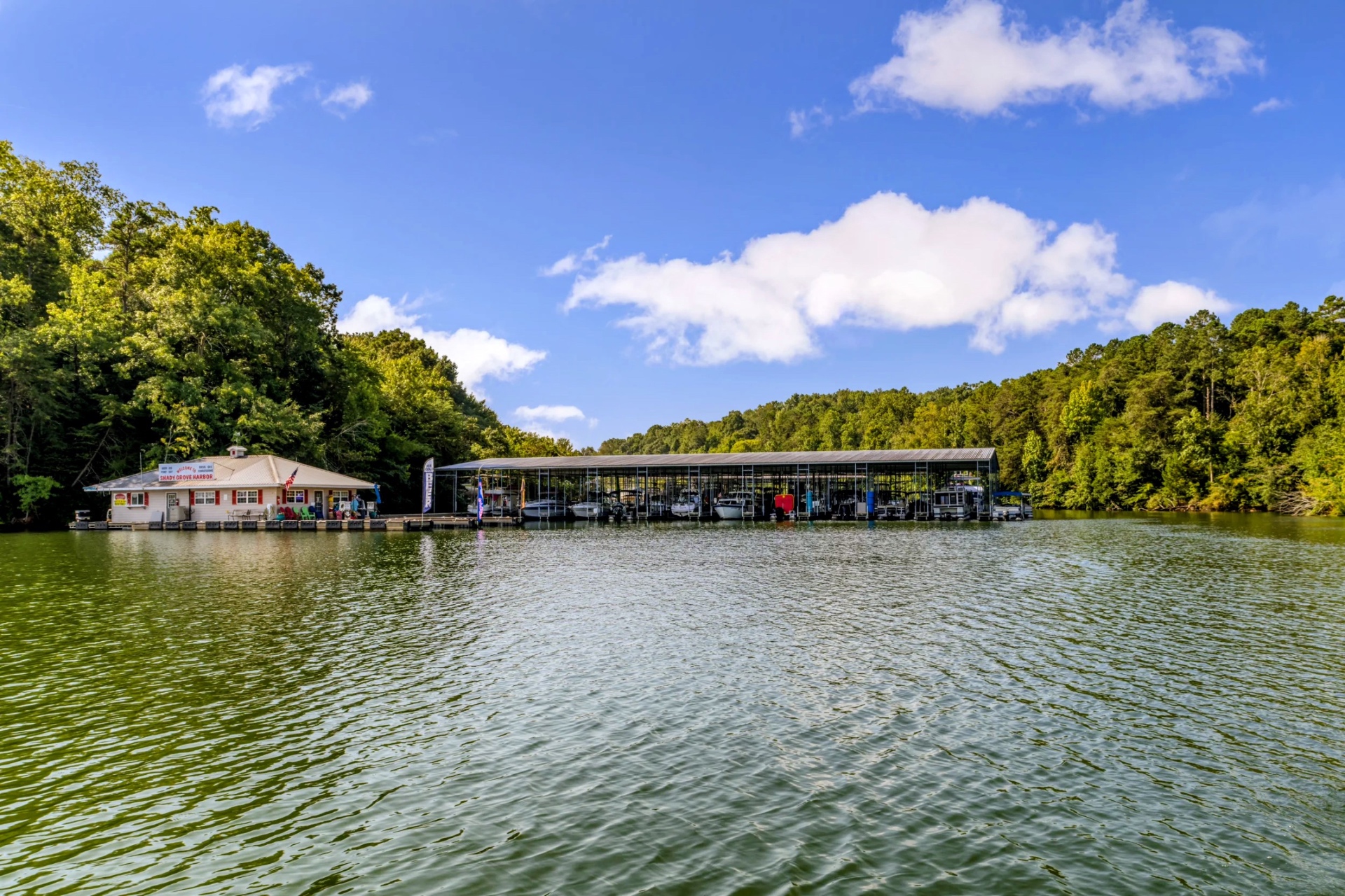 Wide view of Shady Grove Harbor Marina from the water — floating store and long covered slip structure framed by wooded Tennessee shoreline under a blue sky.